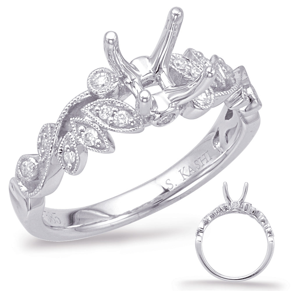 This Engagement Ring  is available in 14K White Gold. There are a total of 16 stones. There are Rounds with a total carat weight of 0.14 set in a Bezel Set|Micro Prong|Shared Prongs setting.