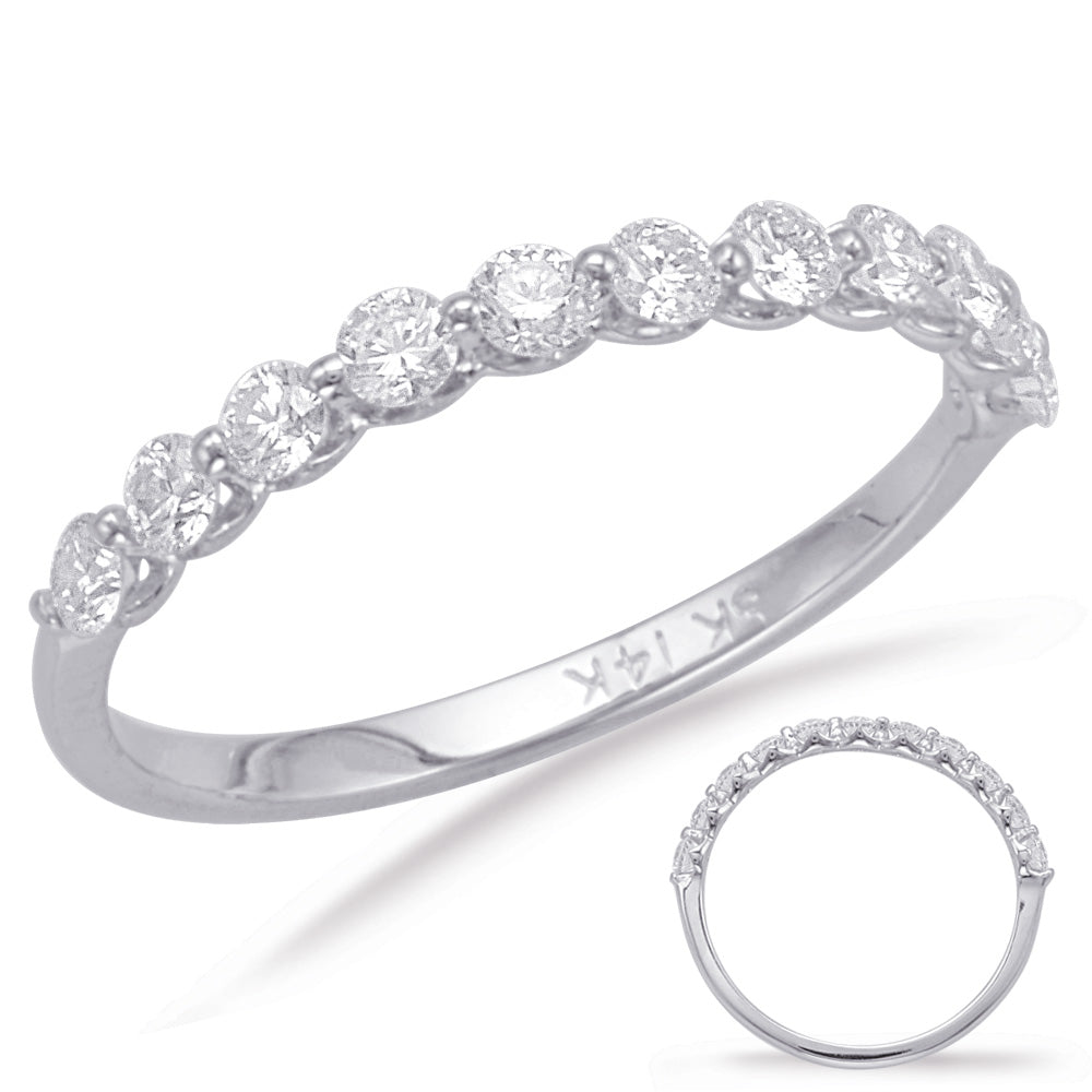 This Band is available in 14K White Gold. There are a total of 11 stones. There are Round with a total carat weight of 0.63 set in a Prong Set|Shared Prongs setting.