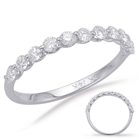 This Band is available in 14K White Gold. There are a total of 11 stones. There are Round with a total carat weight of 0.63 set in a Prong Set|Shared Prongs setting.