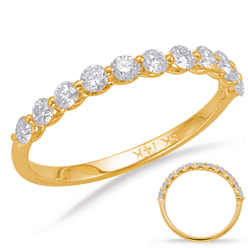 This Band is available in 14K Yellow Gold. There are a total of 11 stones. There are Round with a total carat weight of 0.63 set in a Prong Set|Shared Prongs setting.