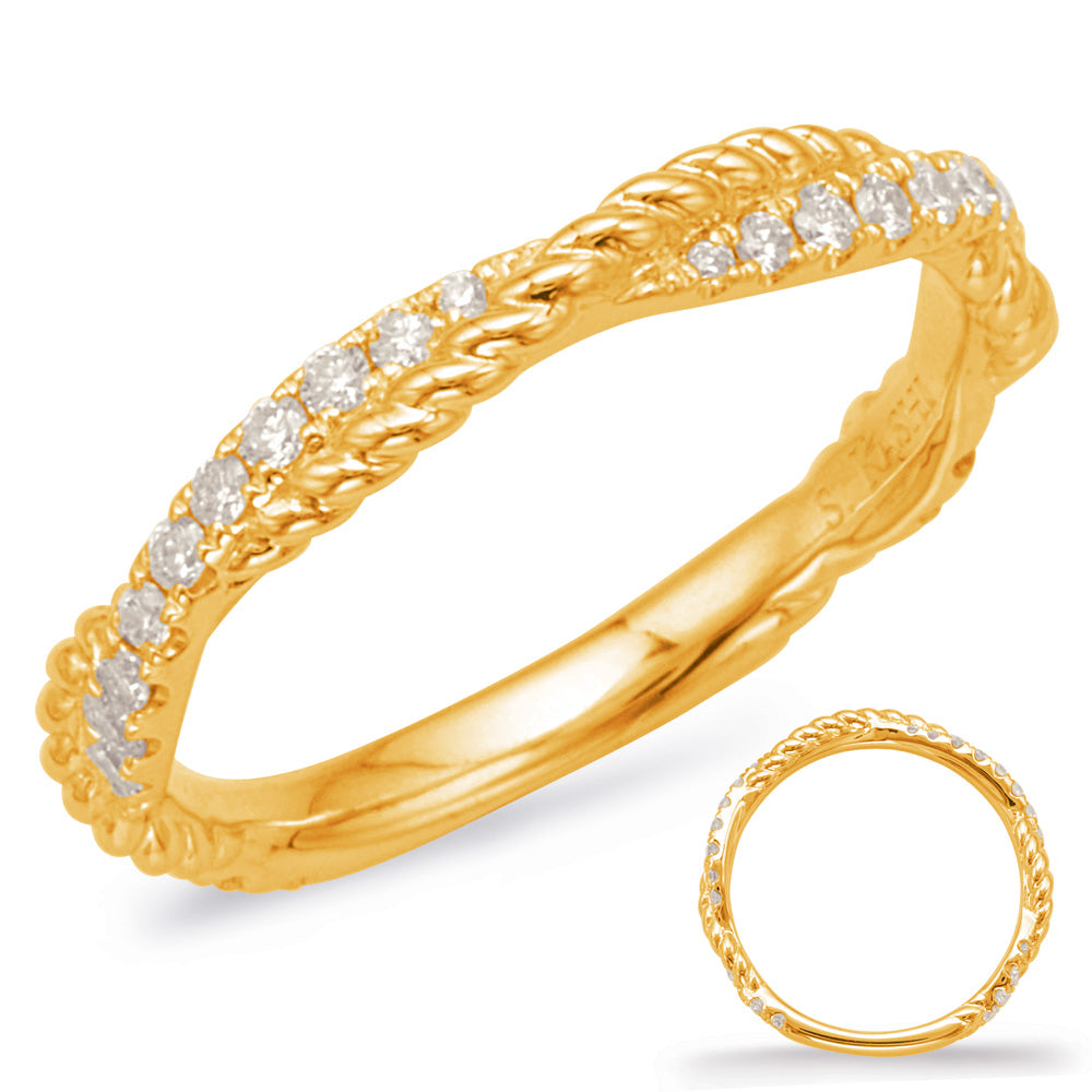 This Band is available in 14K Yellow Gold. There are a total of 28 stones. There are Round with a total carat weight of 0.14 set in a Micro Prong setting.