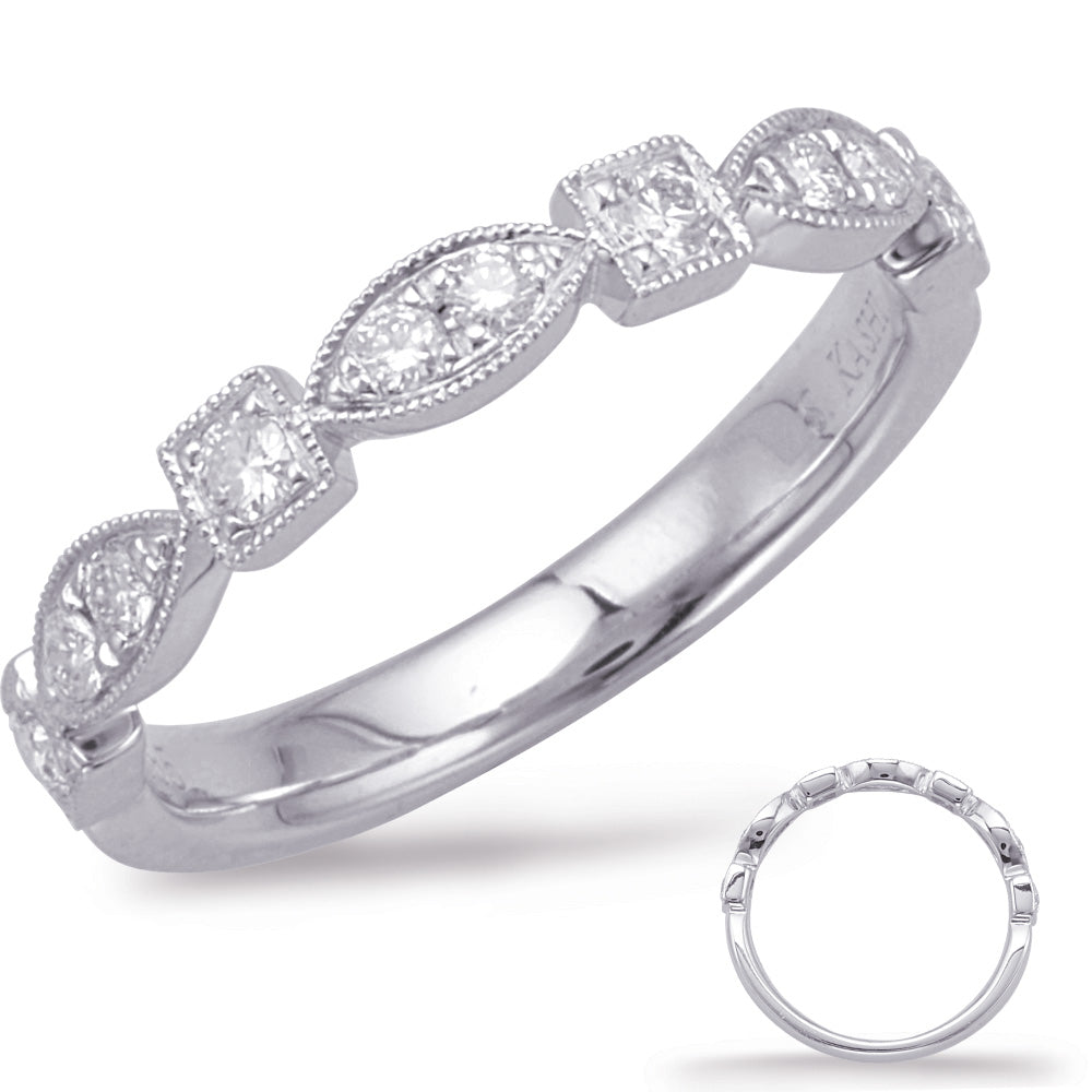 This Band is available in 14K White Gold. There are a total of 10 stones. There are Round with a total carat weight of 0.26 set in a Micro Prong setting.