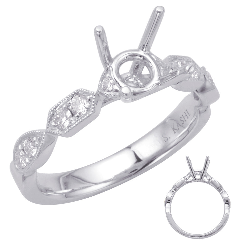 This Engagement Ring  is available in 14K White Gold. There are a total of 10 stones. There are Rounds with a total carat weight of 0.22 set in a Micro Prong setting.