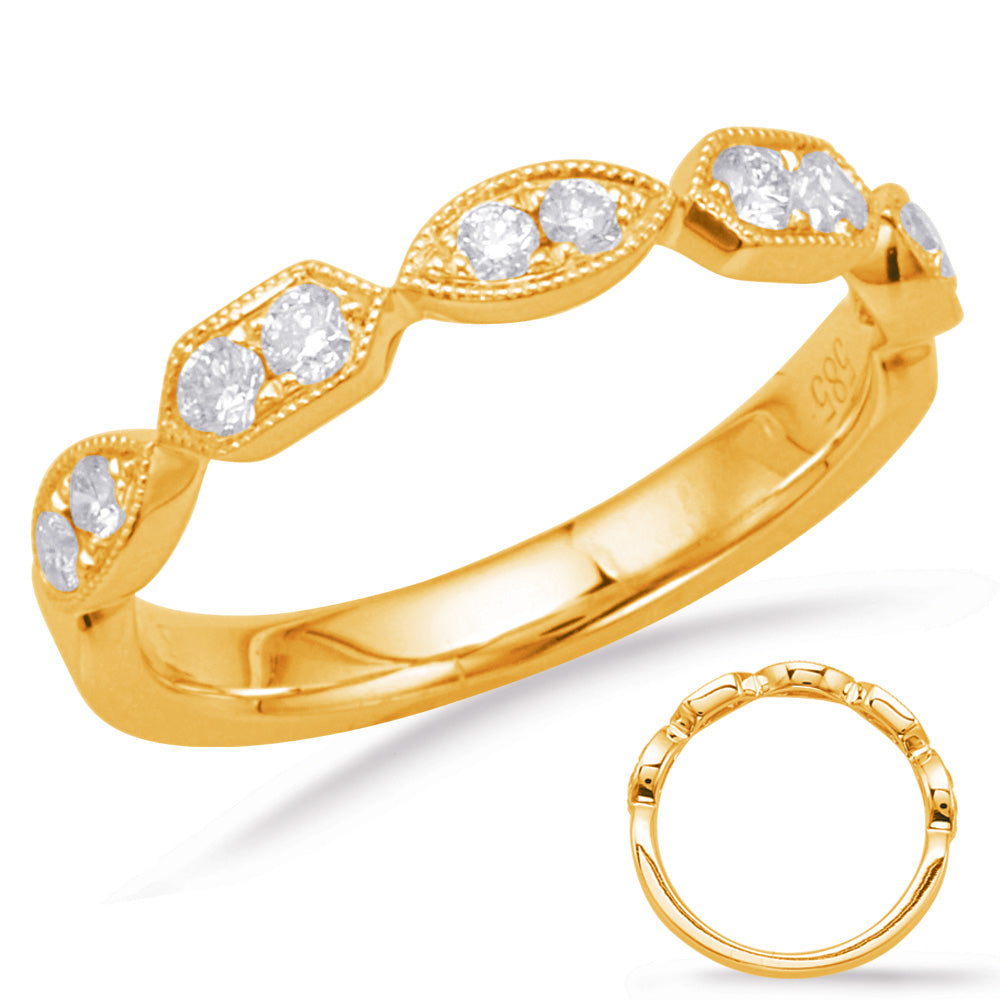 This Band is available in 14K Yellow Gold. There are a total of 10 stones. There are Round with a total carat weight of 0.25 set in a Micro Prong setting.