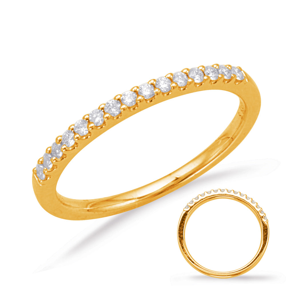 This Band is available in 14K Yellow Gold. There are a total of 15 stones. There are Round with a total carat weight of 0.14 set in a Micro Prong|Shared Prongs setting.