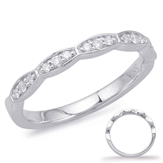 This Band is available in 14K White Gold. There are a total of 15 stones. There are Round with a total carat weight of 0.15 set in a Micro Prong|Shared Prongs setting.