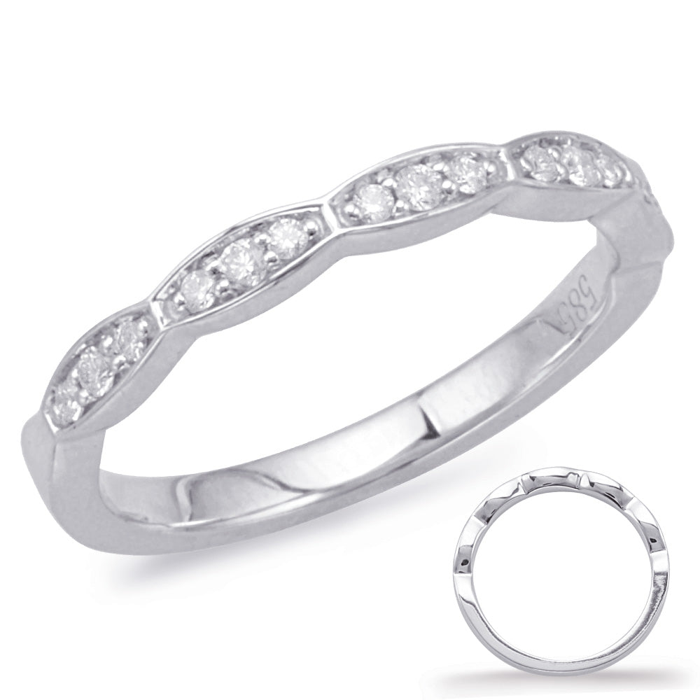 This Band is available in 14K White Gold. There are a total of 15 stones. There are Round with a total carat weight of 0.15 set in a Micro Prong|Shared Prongs setting.