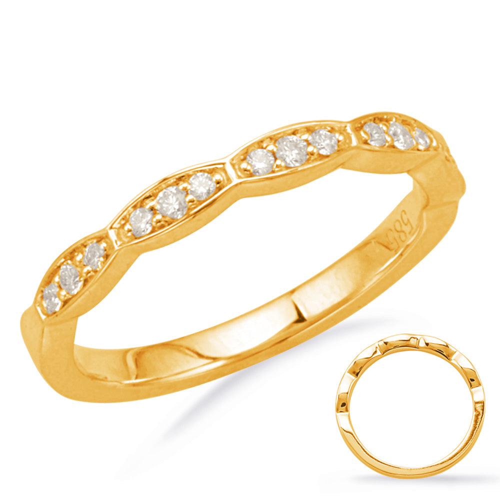 This Band is available in 14K Yellow Gold. There are a total of 15 stones. There are Round with a total carat weight of 0.15 set in a Micro Prong|Shared Prongs setting.