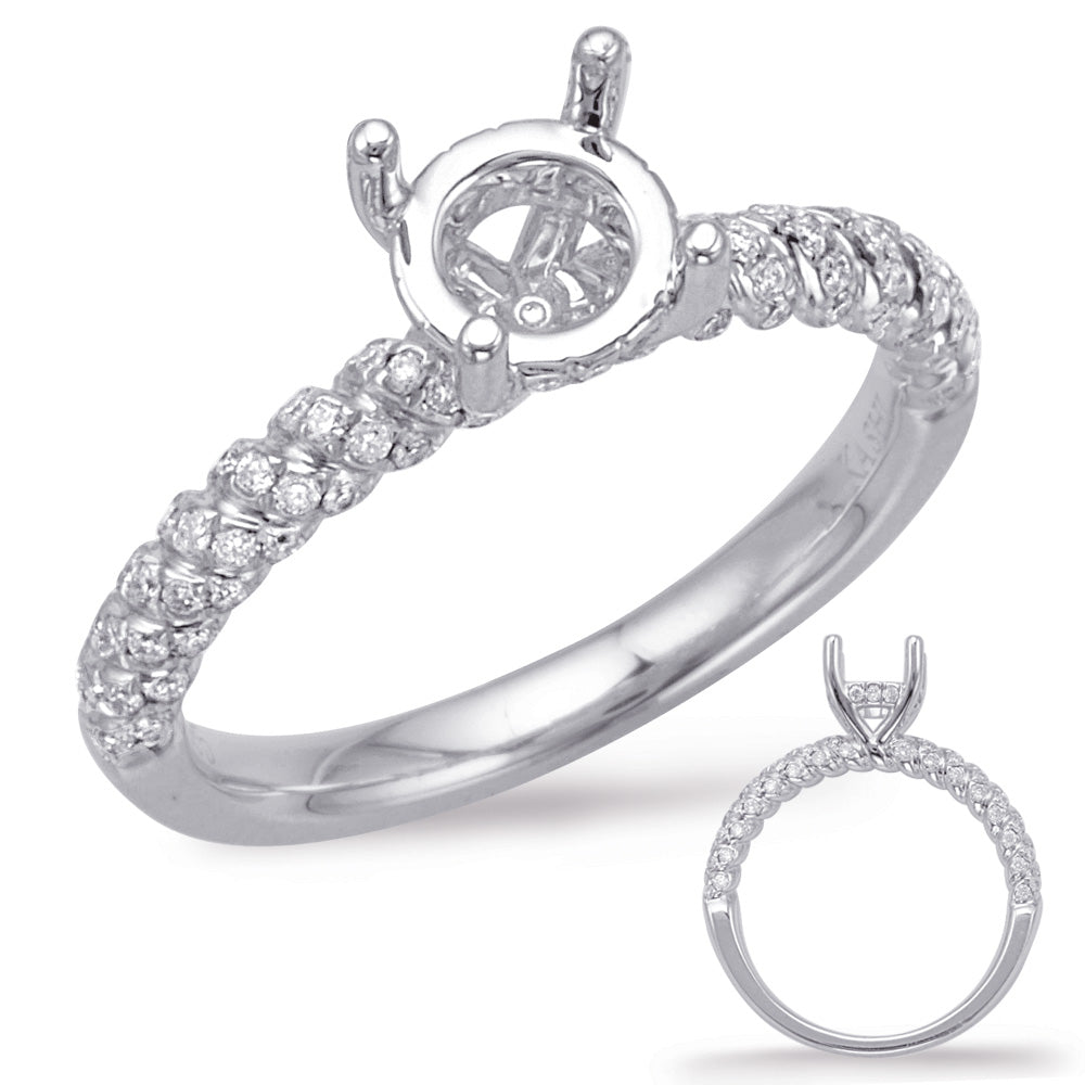 This Engagement Ring  is available in 14K White Gold. There are a total of 88 stones. There are Rounds with a total carat weight of 0.32 set in a Micro Prong setting.