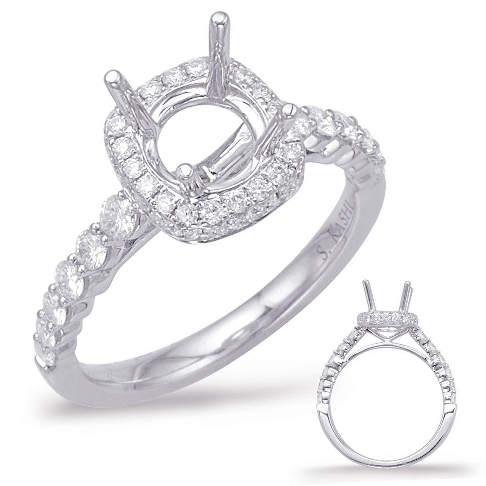 This Engagement Ring  is available in 14K White Gold. There are a total of 52 stones. There are Rounds with a total carat weight of 0.68 set in a Micro Pave|Shared Prongs setting.