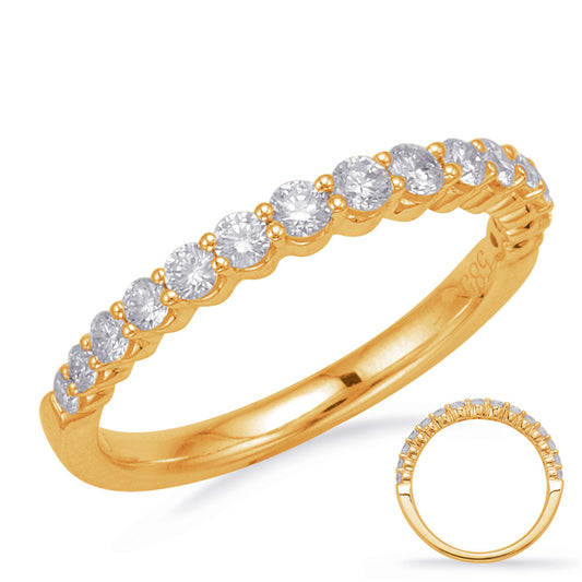 This Band is available in 14K Yellow Gold. There are a total of 16 stones. There are Round with a total carat weight of 0.44 set in a Shared Prongs setting.