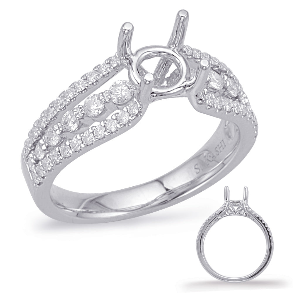 This Engagement Ring  is available in 14K White Gold. There are a total of 56 stones. There are Rounds with a total carat weight of 0.54 set in a Micro Prong setting.