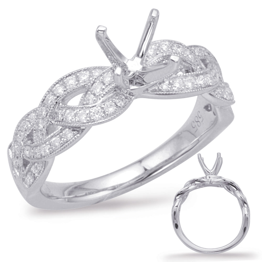 This Engagement Ring  is available in 14K White Gold. There are a total of 66 stones. There are Rounds with a total carat weight of 0.3 set in a Micro Prong setting.