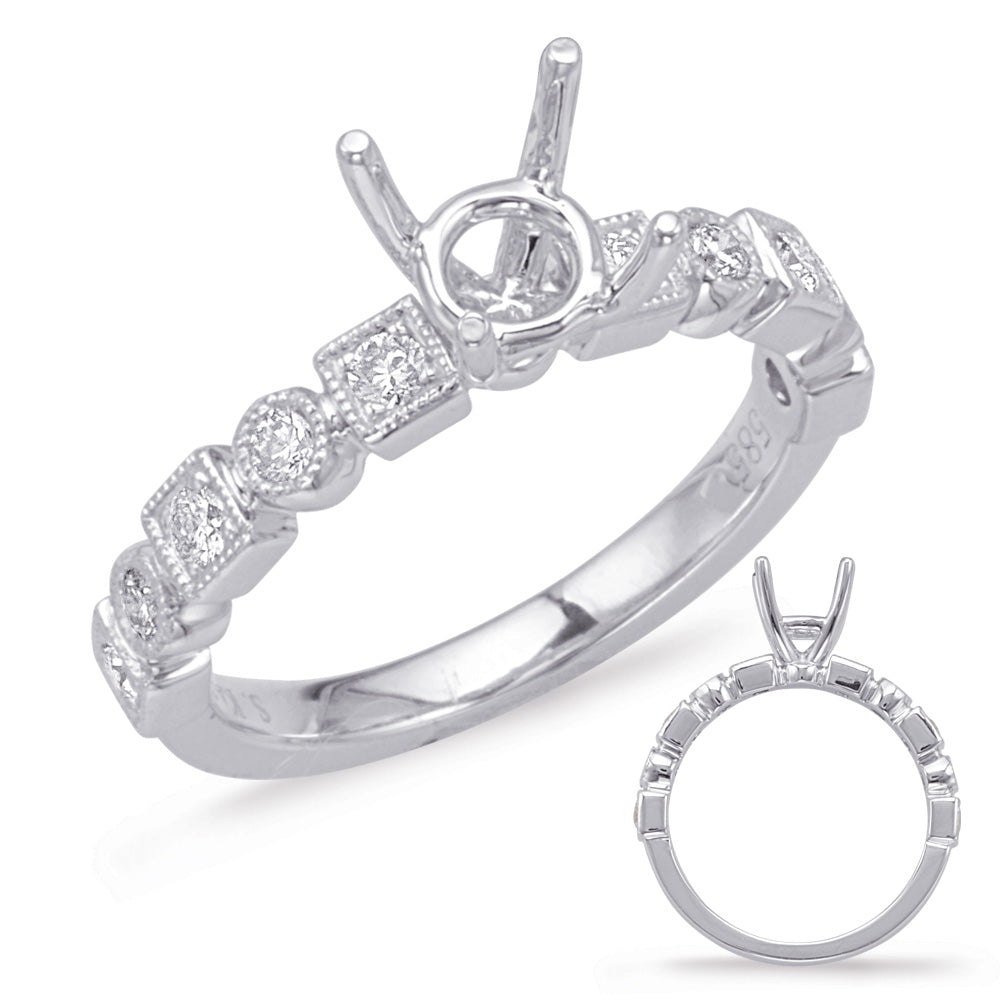 This Engagement Ring  is available in 14K White Gold. There are a total of 10 stones. There are Rounds with a total carat weight of 0.3 set in a Bezel Set|Micro Prong setting.
