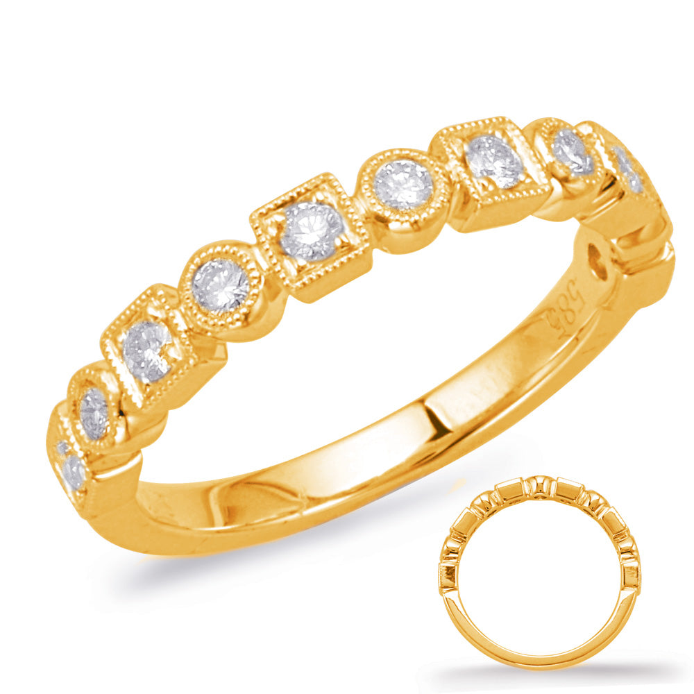 This Band is available in 14K Yellow Gold. There are a total of 11 stones. There are Round with a total carat weight of 0.32 set in a Bezel Set|Micro Prong setting.