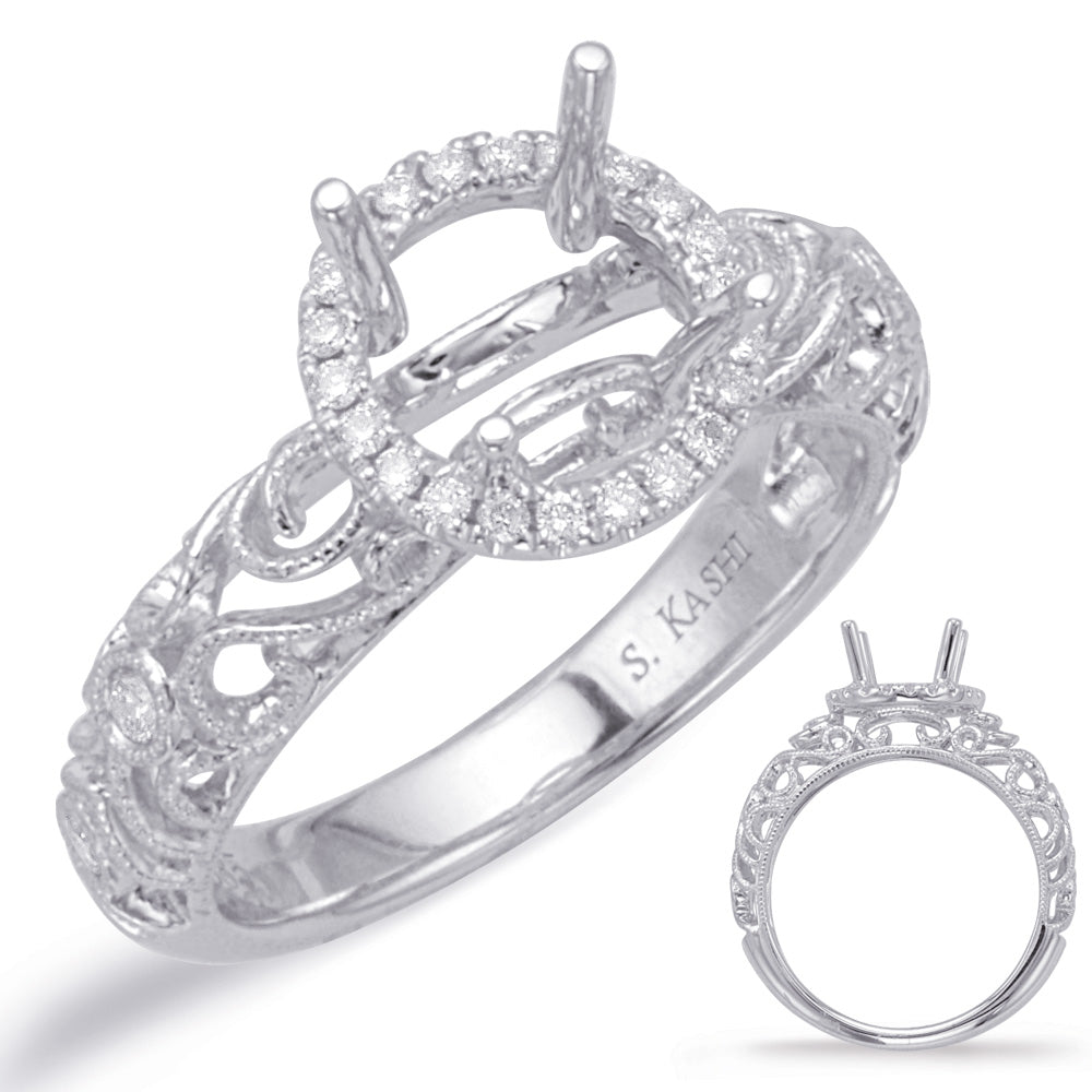 This Engagement Ring  is available in 14K White Gold. There are a total of 26 stones. There are Rounds with a total carat weight of 0.18 set in a Bezel Set|Micro Prong setting.