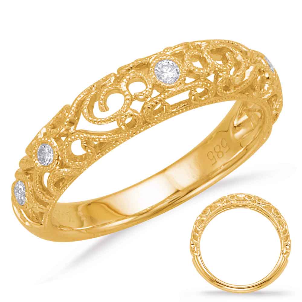 This Band is available in 14K Yellow Gold. There are a total of 5 stones. There are Round with a total carat weight of 0.1 set in a Bezel Set setting.