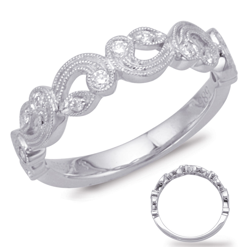 This Band is available in 14K White Gold. There are a total of 14 stones. There are Round with a total carat weight of 0.18 set in a Bezel Set|Micro Prong setting.