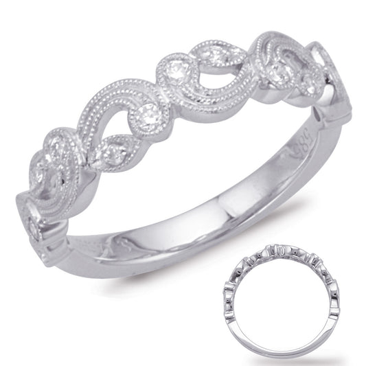 This Band is available in 14K White Gold. There are a total of 14 stones. There are Round with a total carat weight of 0.18 set in a Bezel Set|Micro Prong setting.