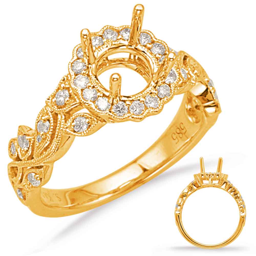 This Engagement Ring  is available in 14K Yellow Gold. There are a total of 26 stones. There are Rounds with a total carat weight of 0.25 set in a Bezel Set|Micro Prong|Shared Prongs setting.