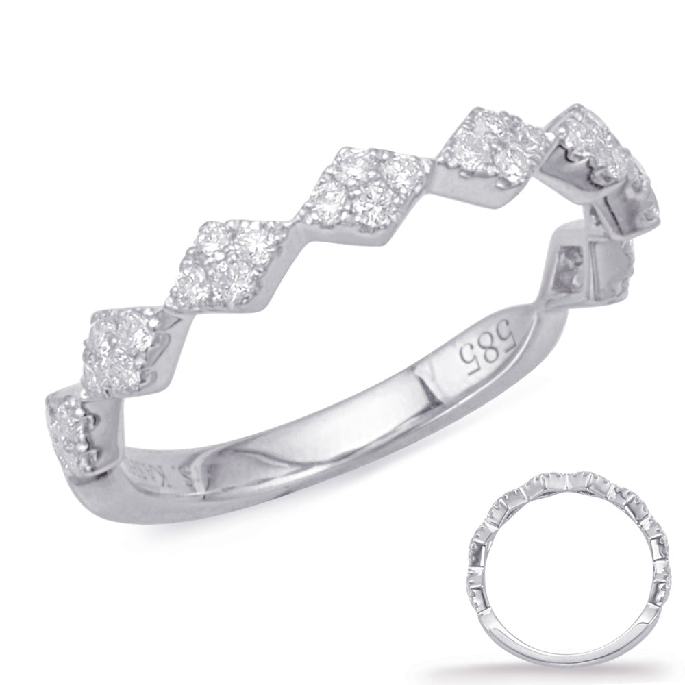 This Band is available in 14K White Gold. There are a total of 32 stones. There are Round with a total carat weight of 0.32 set in a Micro Prong setting.