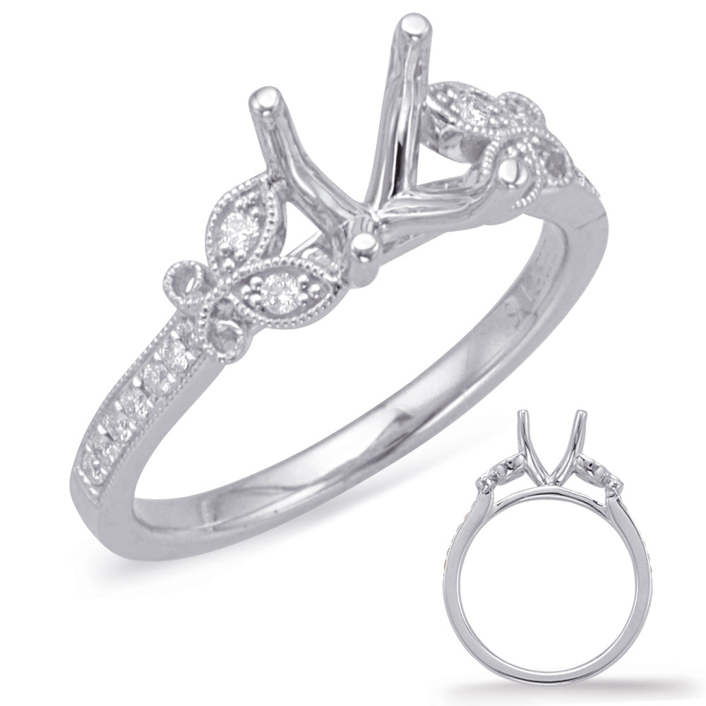 This Engagement Ring  is available in 14K White Gold. There are a total of 18 stones. There are Rounds with a total carat weight of 0.13 set in a Micro Prong setting.