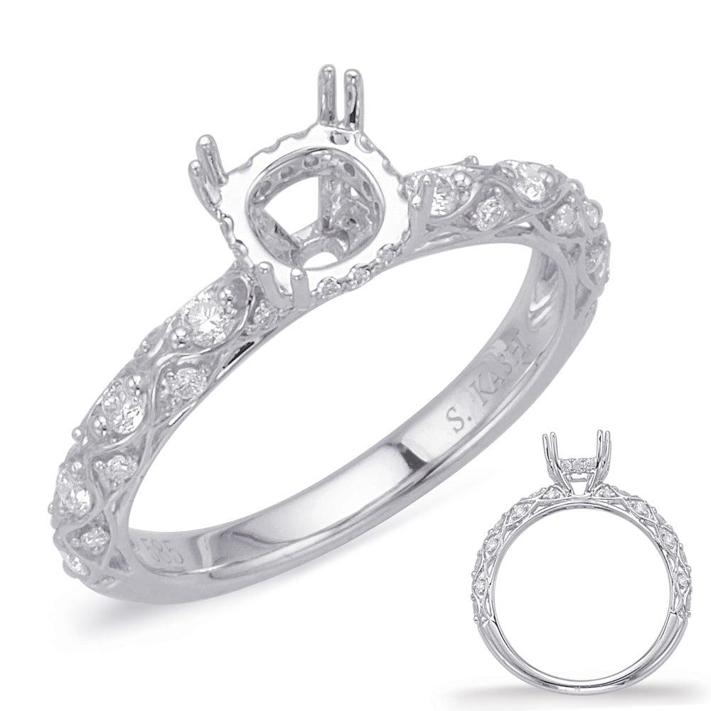 This Engagement Ring  is available in 14K White Gold. There are a total of 36 stones. There are Rounds with a total carat weight of 0.34 set in a Micro Prong|Prong Set setting.