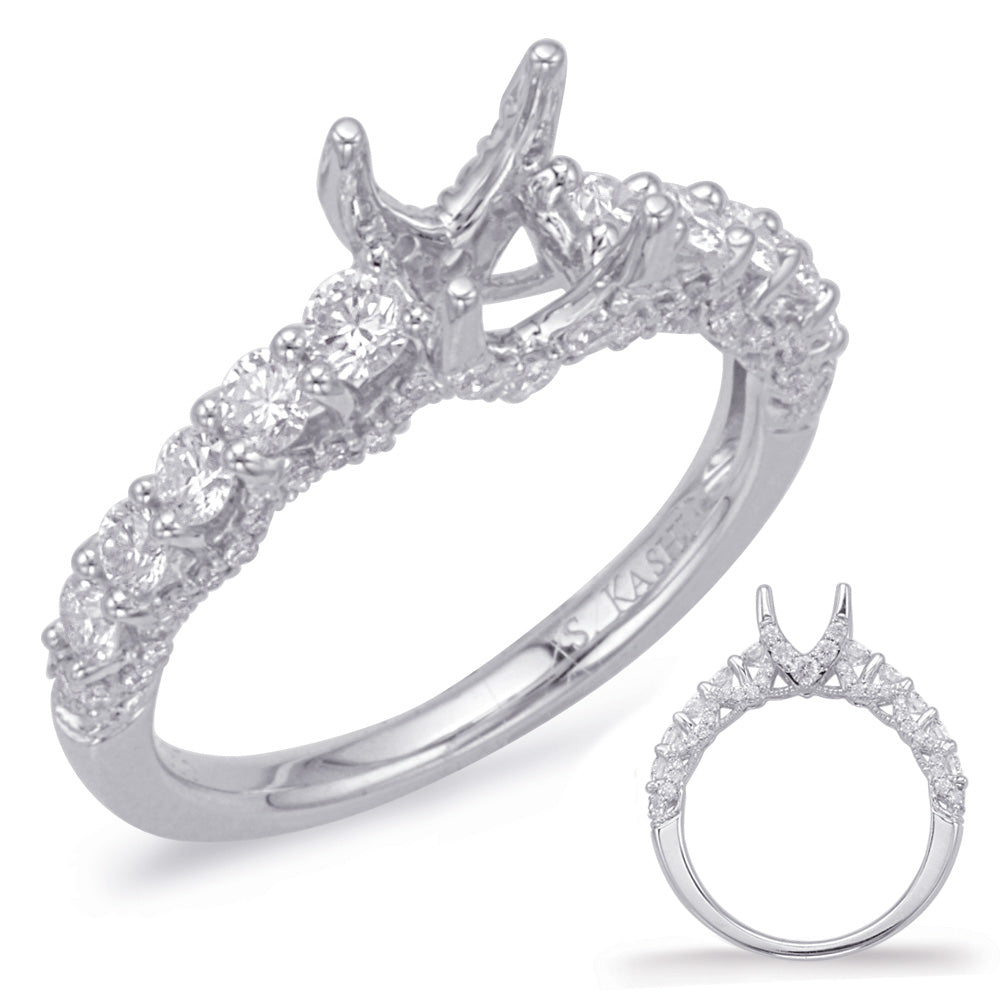 This Engagement Ring  is available in 14K White Gold. There are a total of 78 stones. There are Rounds with a total carat weight of 0.88 set in a Micro Prong|Prong Set|Shared Prongs setting.