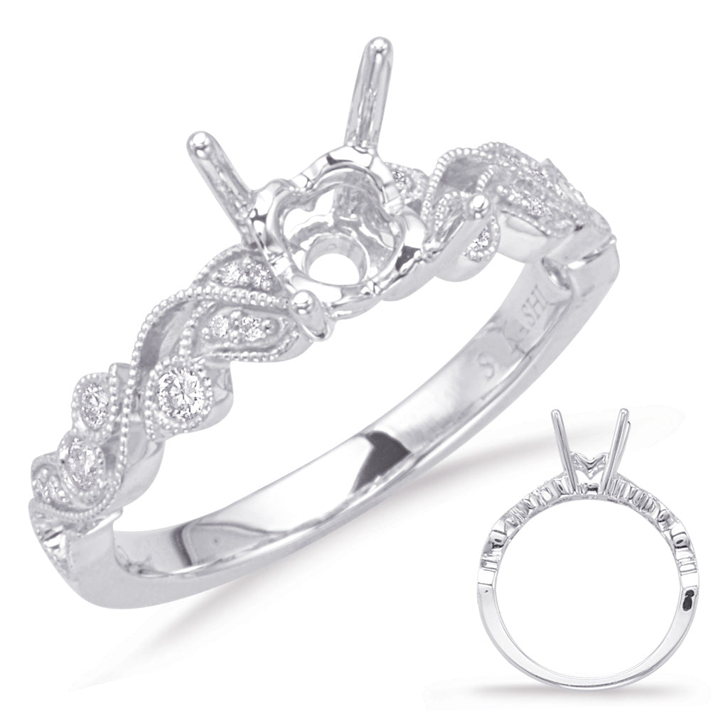 This Engagement Ring  is available in 14K White Gold. There are a total of 17 stones. There are Rounds with a total carat weight of 0.15 set in a Bezel Set|Micro Prong|Shared Prongs setting.