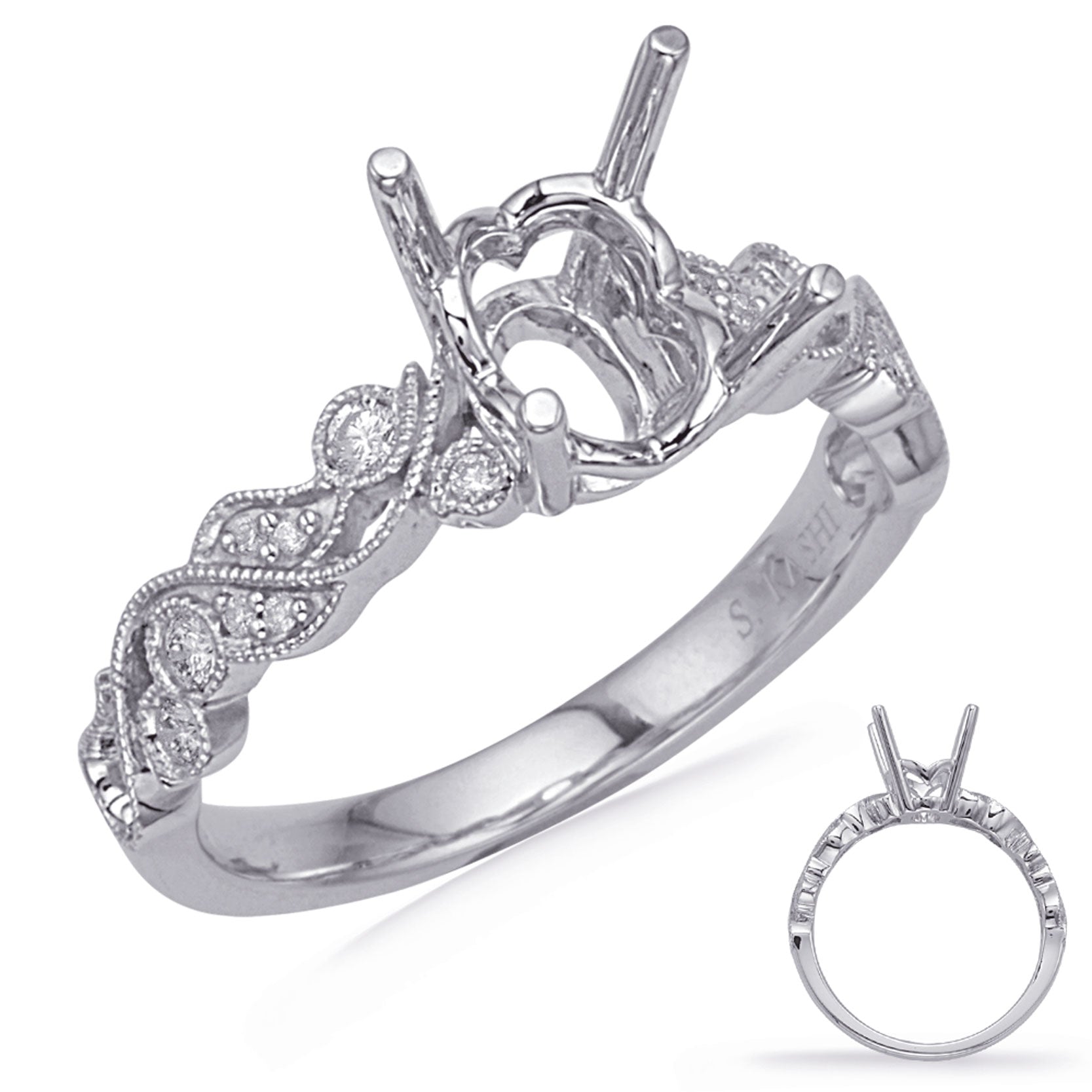 This Engagement Ring  is available in 14K White Gold. There are a total of 17 stones. There are Rounds with a total carat weight of 0.15 set in a Bezel Set|Micro Prong|Shared Prongs setting.