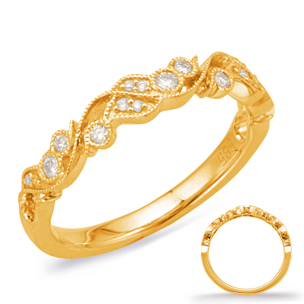 This Band is available in 14K Yellow Gold. There are a total of 18 stones. There are Round with a total carat weight of 0.16 set in a Bezel Set|Micro Prong|Shared Prongs setting.