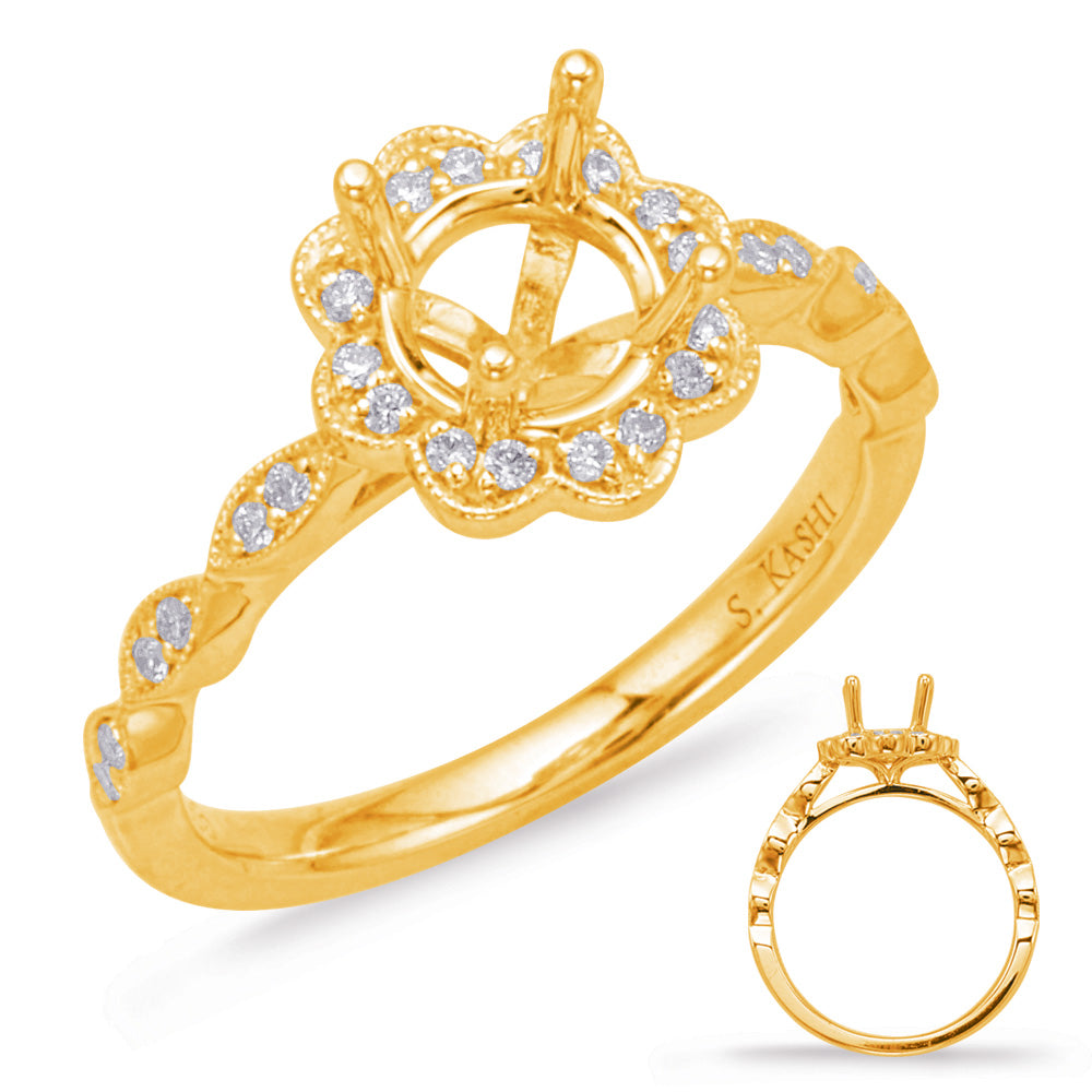 This Engagement Ring  is available in 14K Yellow Gold. There are a total of 28 stones. There are Rounds with a total carat weight of 0.11 set in a Micro Prong|Shared Prongs setting.