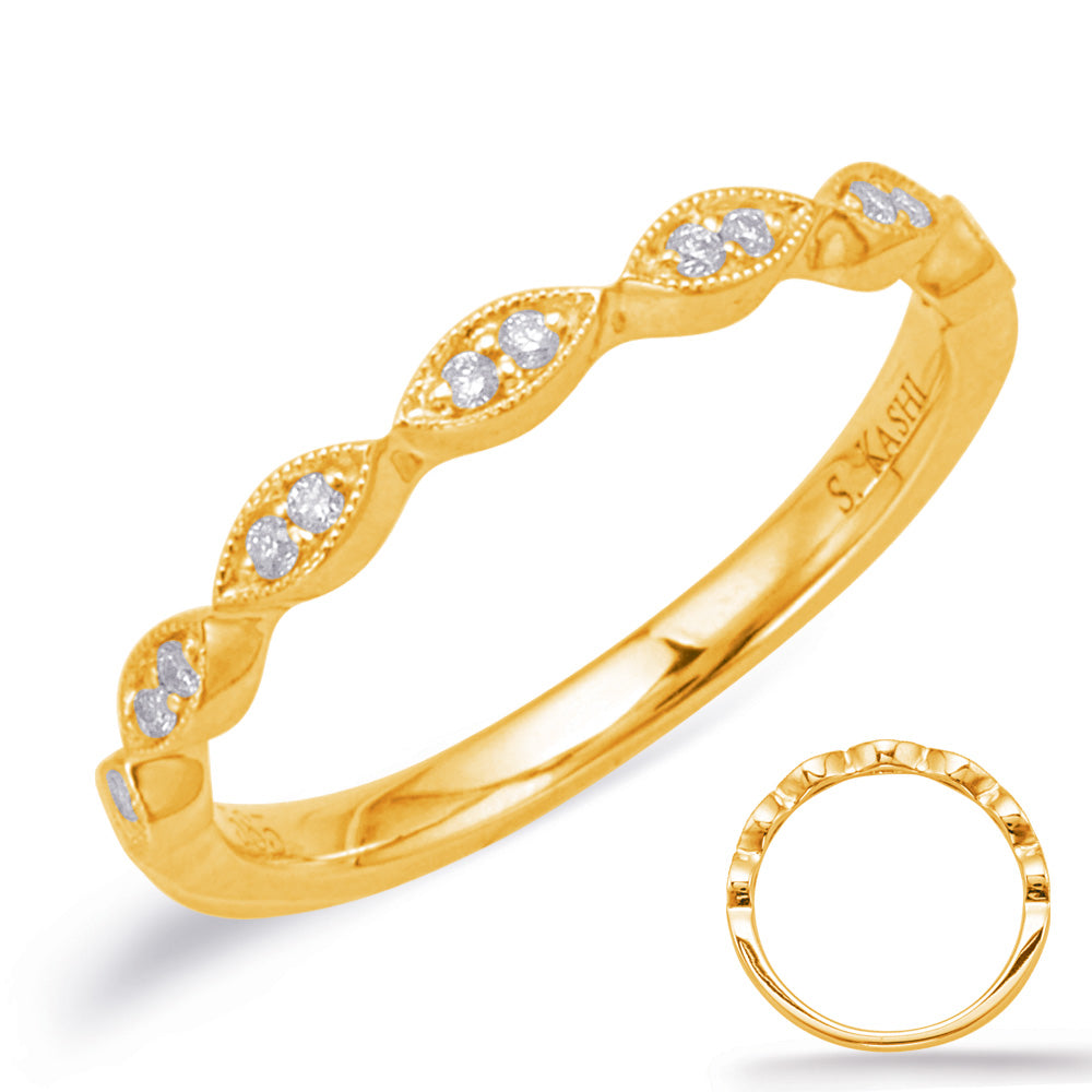 This Band is available in 14K Yellow Gold. There are a total of 14 stones. There are Round with a total carat weight of 0.07 set in a Micro Prong|Shared Prongs setting.