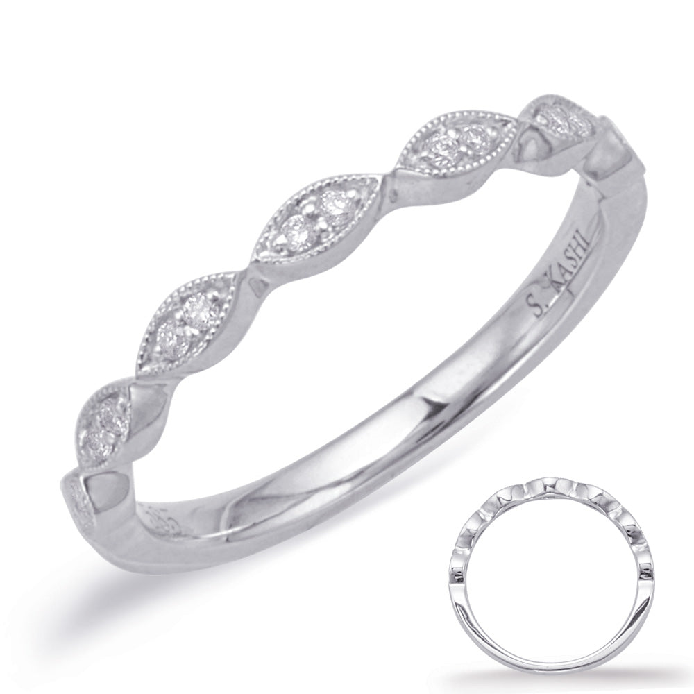 This Band is available in 14K White Gold. There are a total of 14 stones. There are Round with a total carat weight of 0.07 set in a Micro Prong|Shared Prongs setting.