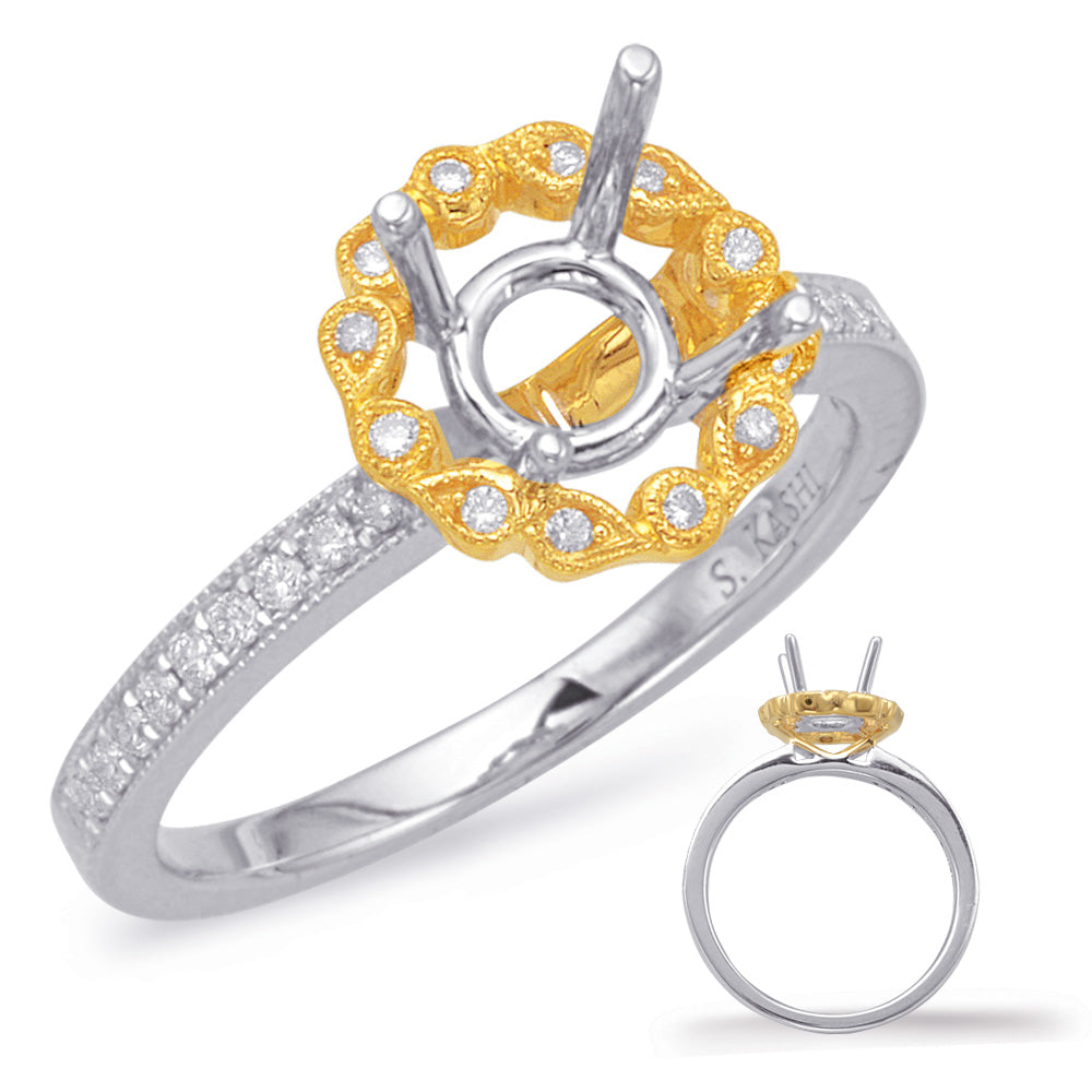 This Engagement Ring  is available in 14K Yellow & White Gold. There are a total of 30 stones. There are Rounds with a total carat weight of 0.18 set in a Bezel Set|Micro Prong setting.