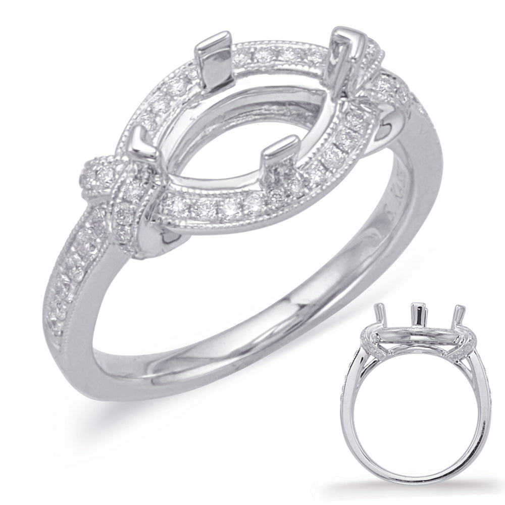 This Engagement Ring  is available in 14K White Gold. There are a total of 58 stones. There are Rounds with a total carat weight of 0.3 set in a Micro Prong setting.