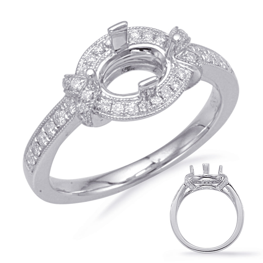 This Engagement Ring  is available in 14K White Gold. There are a total of 52 stones. There are Rounds with a total carat weight of 0.32 set in a Micro Prong setting.