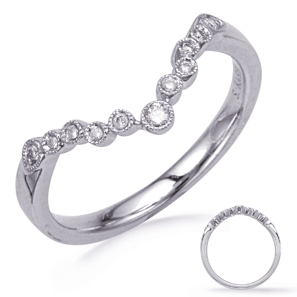 This Band is available in 14K White Gold. There are a total of 11 stones. There are Round with a total carat weight of 0.08 set in a Bezel Set setting.