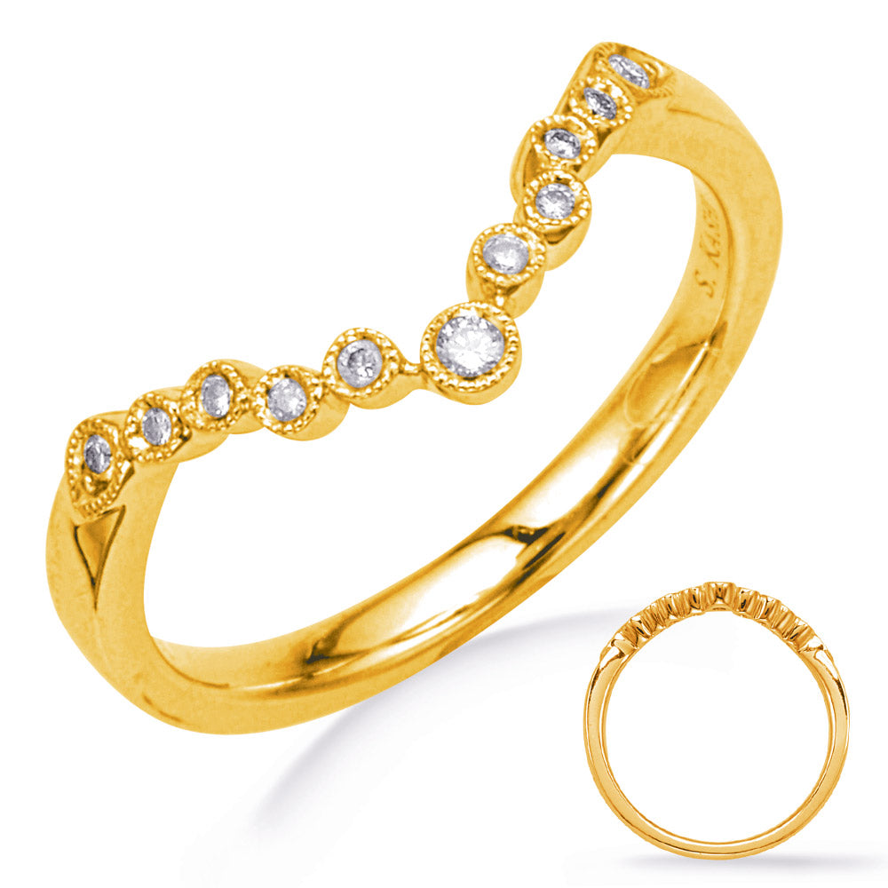 This Band is available in 14K Yellow Gold. There are a total of 11 stones. There are Round with a total carat weight of 0.08 set in a Bezel Set setting.