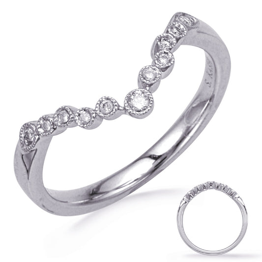 This Band is available in 14K White Gold. There are a total of 11 stones. There are Round with a total carat weight of 0.08 set in a Bezel Set setting.