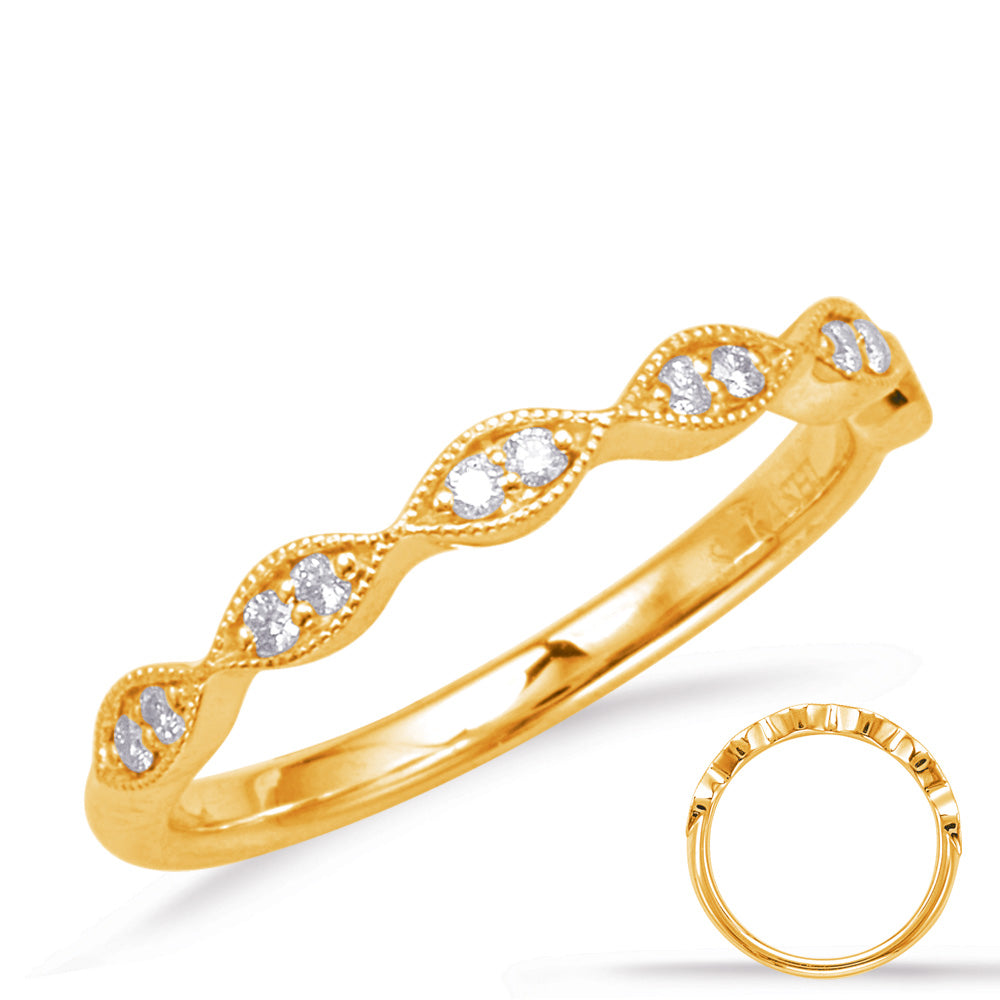 This Band is available in 14K Yellow Gold. There are a total of 12 stones. There are Round with a total carat weight of 0.11 set in a Micro Prong|Shared Prongs setting.