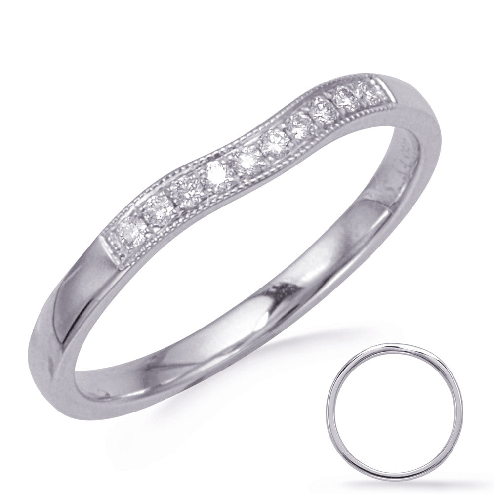 This Band is available in 14K White Gold. There are a total of 10 stones. There are Round with a total carat weight of 0.11 set in a Micro Pave setting.