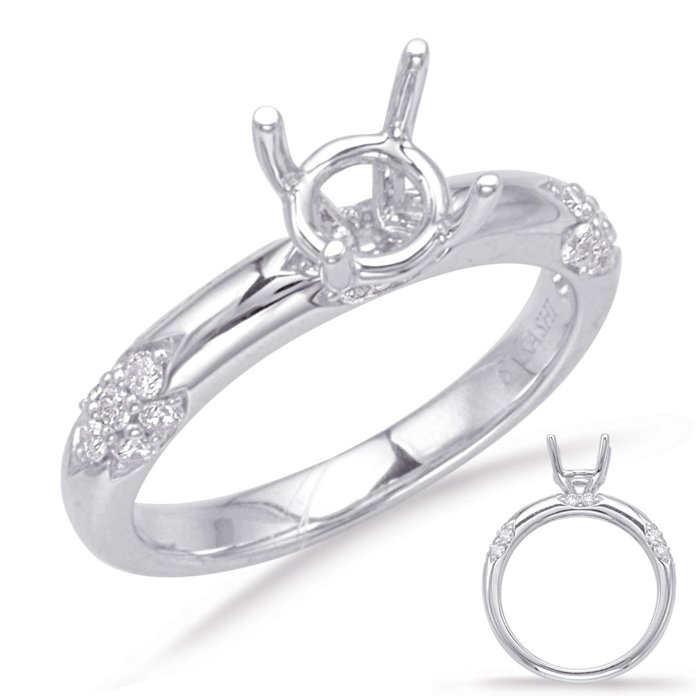 This Engagement Ring  is available in 14K White Gold. There are a total of 18 stones. There are Rounds with a total carat weight of 0.19 set in a Micro Prong|Shared Prongs setting.