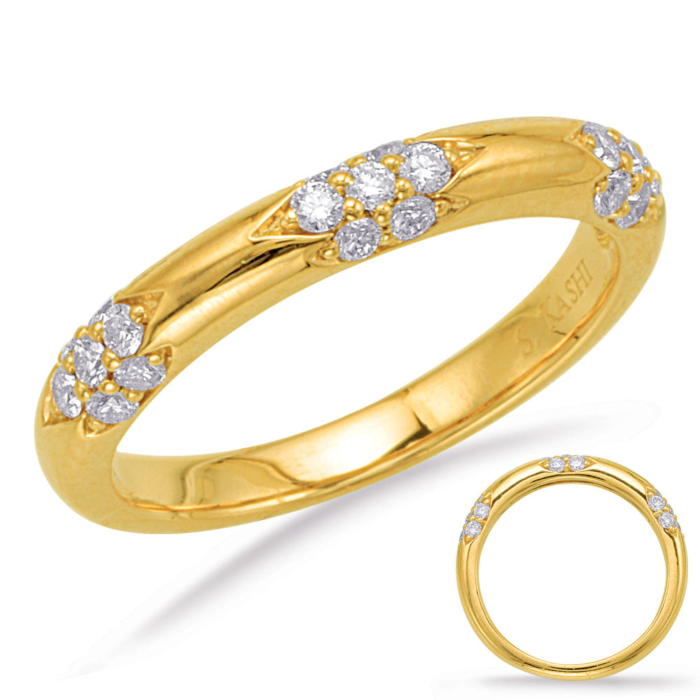This Band is available in 14K Yellow Gold. There are a total of 21 stones. There are Round with a total carat weight of 0.34 set in a Micro Prong|Shared Prongs setting.