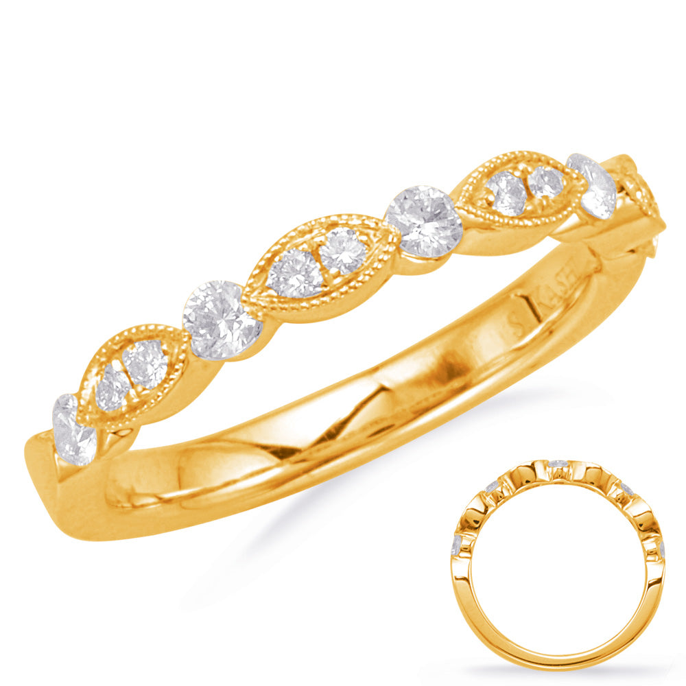 This Band is available in 14K Yellow Gold. There are a total of 13 stones. There are Round with a total carat weight of 0.27 set in a Micro Prong|Prong Set setting.