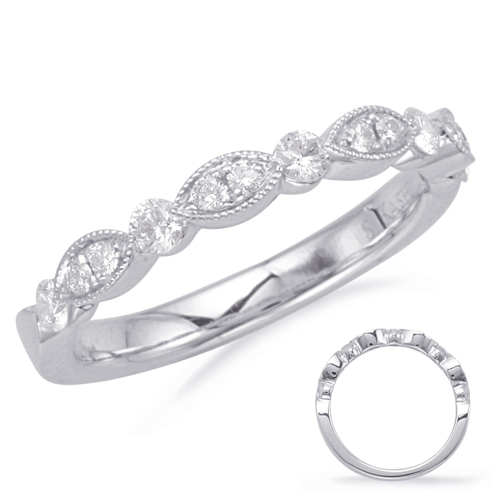 This Band is available in 14K White Gold. There are a total of 13 stones. There are Round with a total carat weight of 0.34 set in a Micro Prong|Prong Set setting.