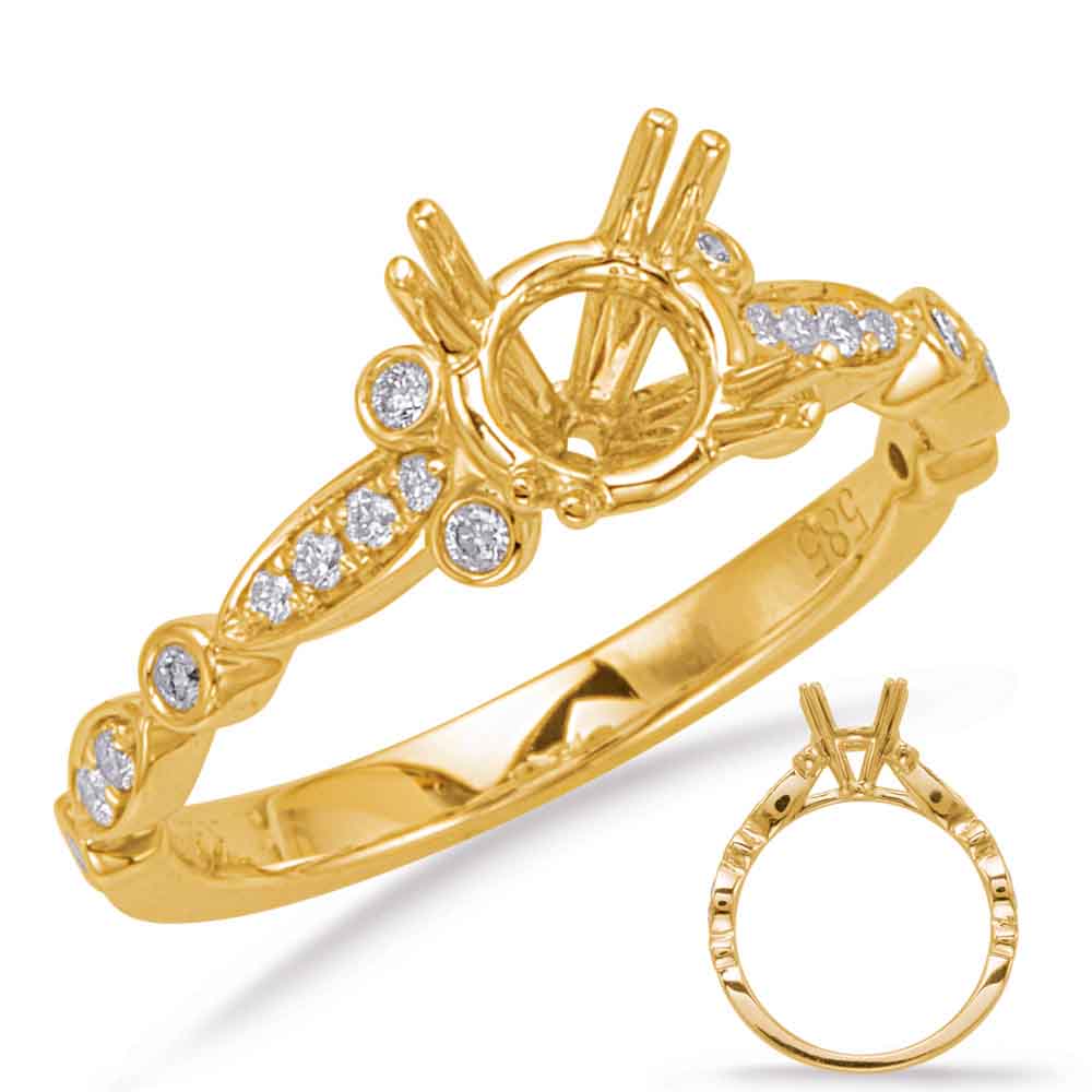 This Engagement Ring  is available in 14K Yellow Gold. There are a total of 20 stones. There are Rounds with a total carat weight of 0.17 set in a Bezel Set|Micro Prong setting.
