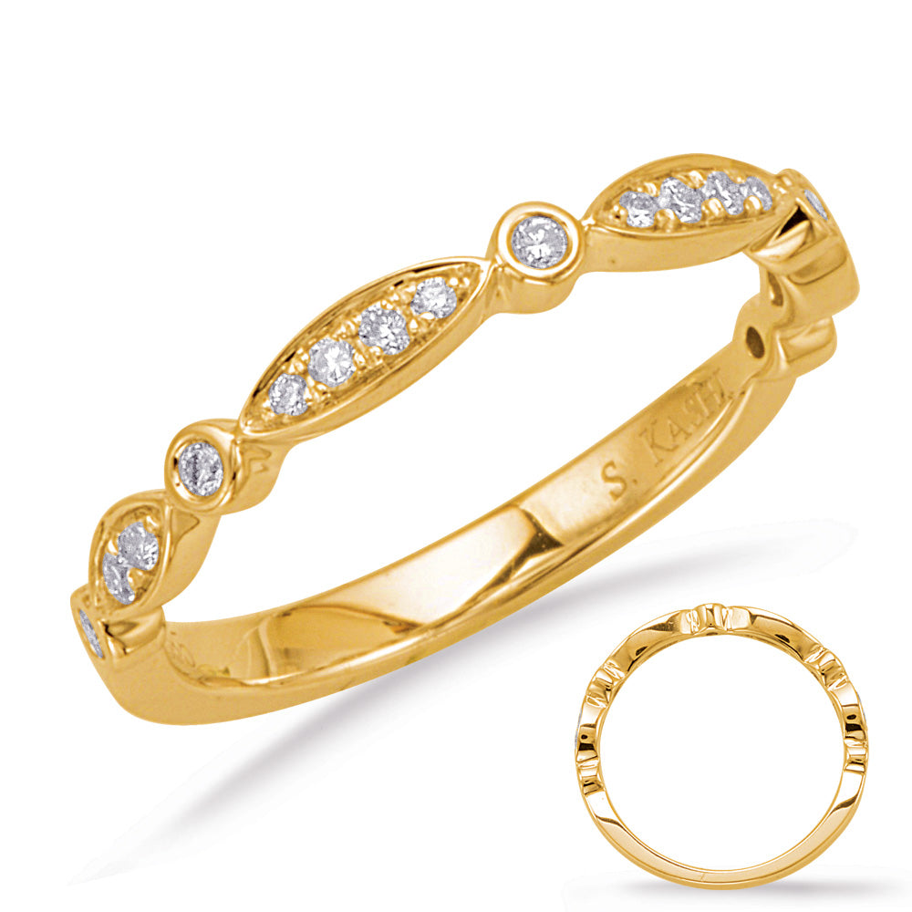 This Band is available in 14K Yellow Gold. There are a total of 17 stones. There are Round with a total carat weight of 0.15 set in a Bezel Set|Micro Prong setting.