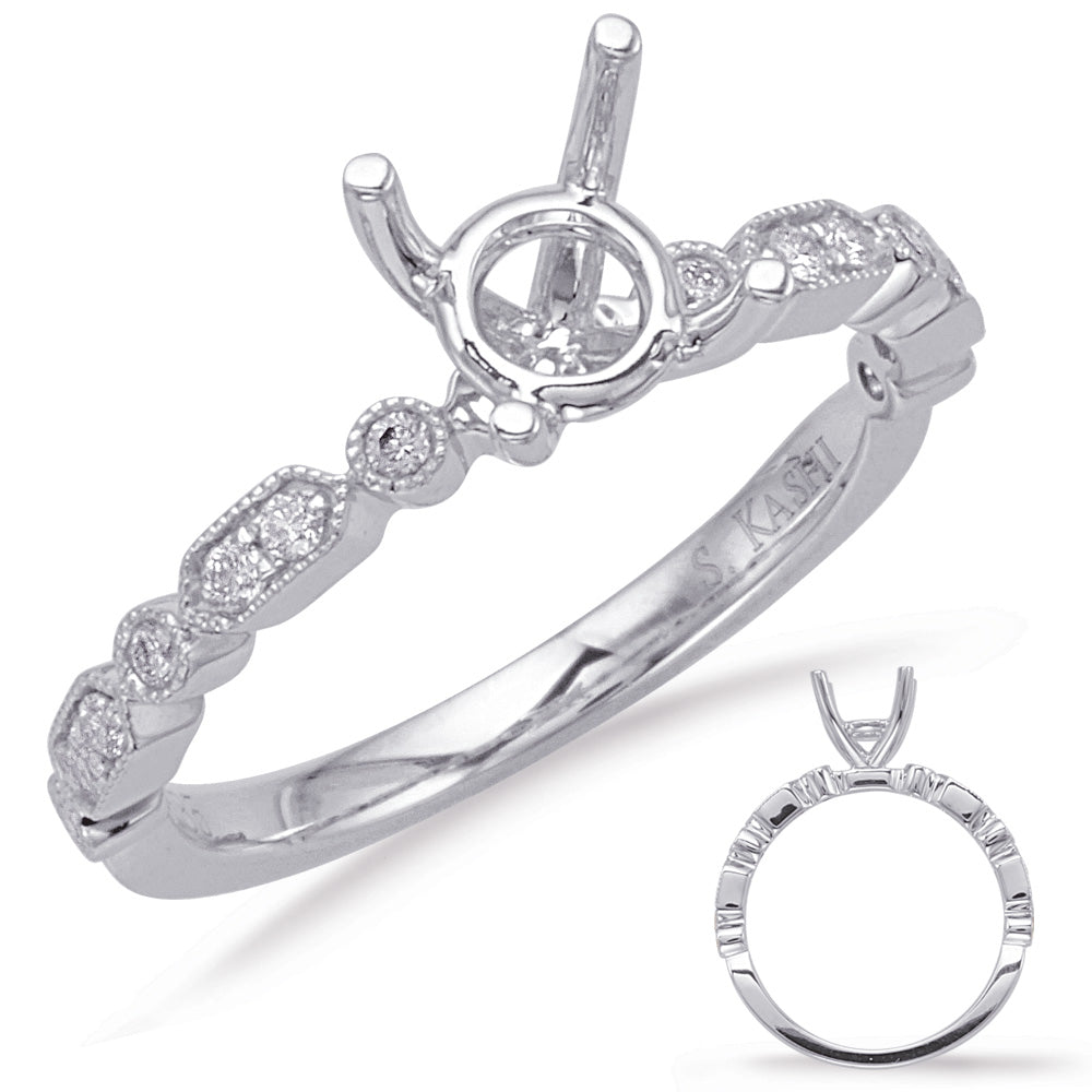 This Engagement Ring  is available in 14K White Gold. There are a total of 14 stones. There are Rounds with a total carat weight of 0.14 set in a Bezel Set|Micro Prong setting.