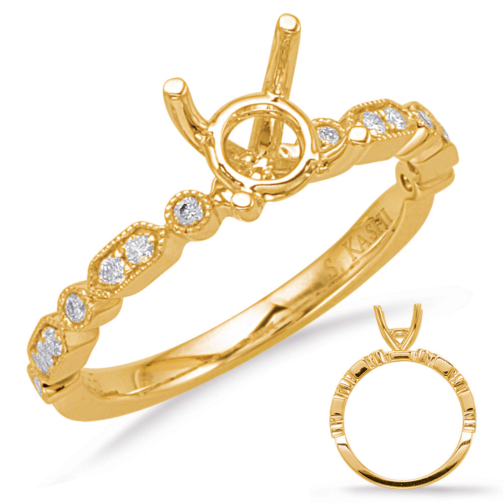 This Engagement Ring  is available in 14K Yellow Gold. There are a total of 14 stones. There are Rounds with a total carat weight of 0.14 set in a Bezel Set|Micro Prong setting.